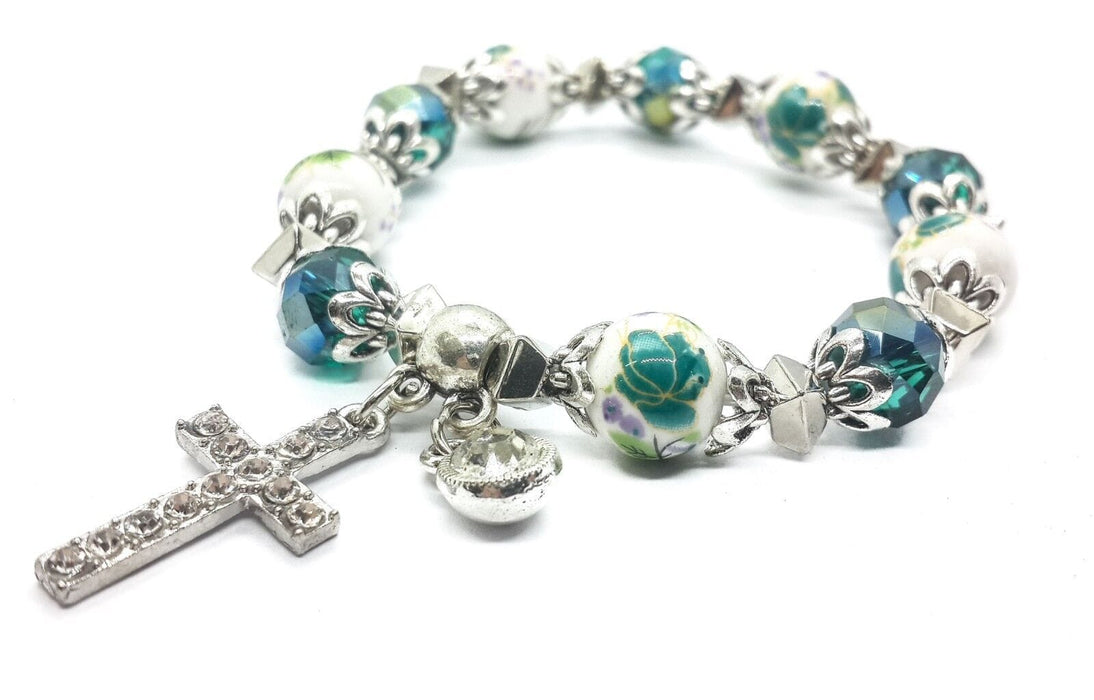 Green Crystals Bracelet Cross Rosary Wrist Bangle Ceramic Flowers Beaded Charm