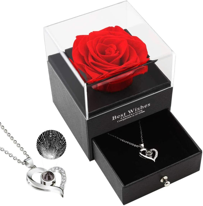 Preserved Real Rose With Love You Necklace 100 Languages Gift For Mom, Wife Red