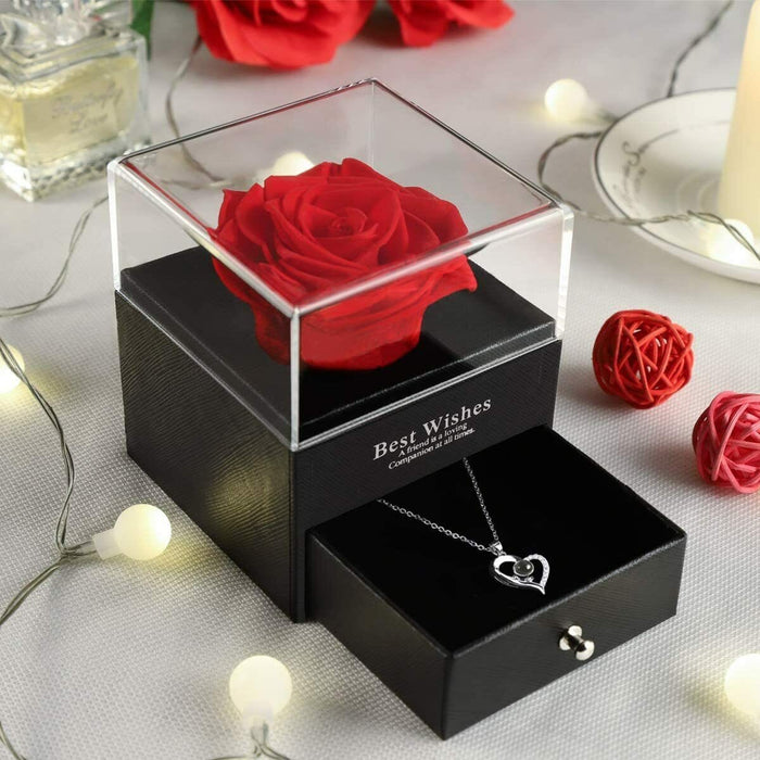 Preserved Real Rose With Love You Necklace 100 Languages Gift For Mom, Wife Red