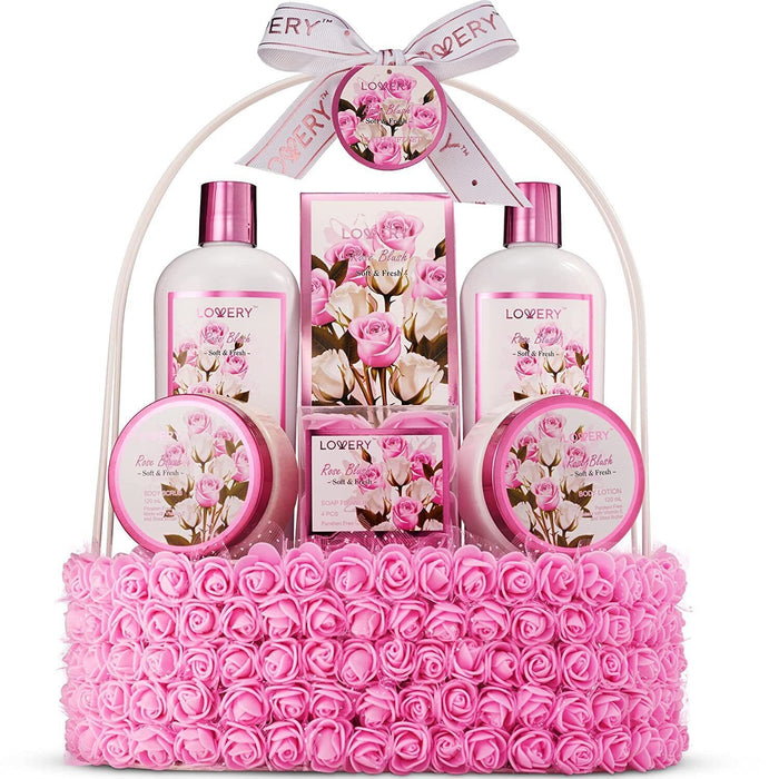 Spa Gift Baskets for Women, Rose Blush Bath Gift Set - 10pc Care Package for All