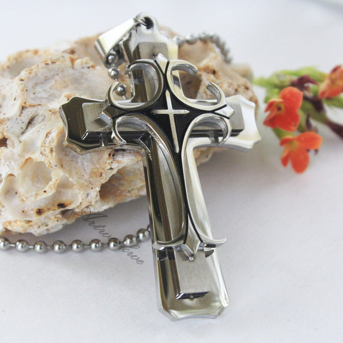 Unisex's Men's Women Silver Black Stainless Steel Cross Pendant Necklace Jewelry