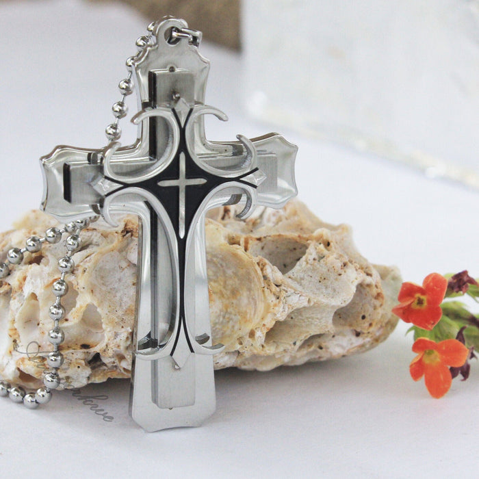 Unisex's Men's Women Silver Black Stainless Steel Cross Pendant Necklace Jewelry