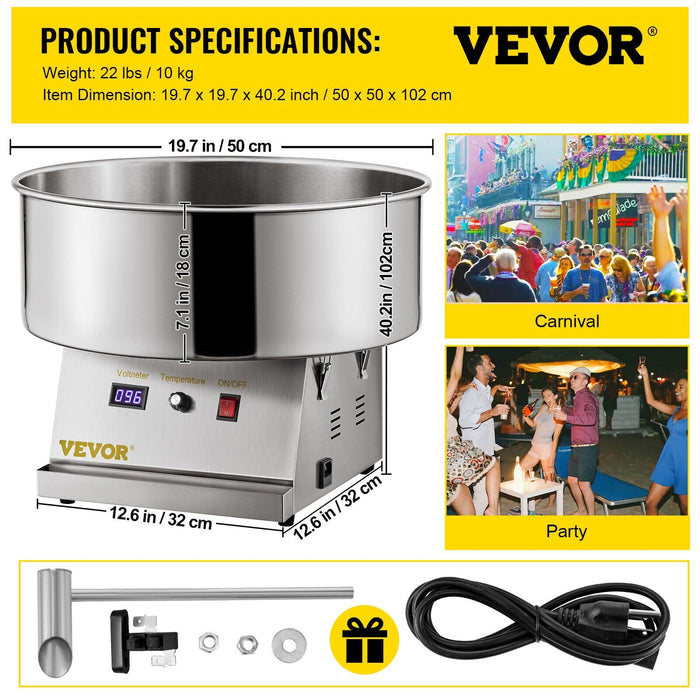 VEVOR Commercial Cotton Candy Machine 1050W Electric Sugar Floss Maker 19.7''