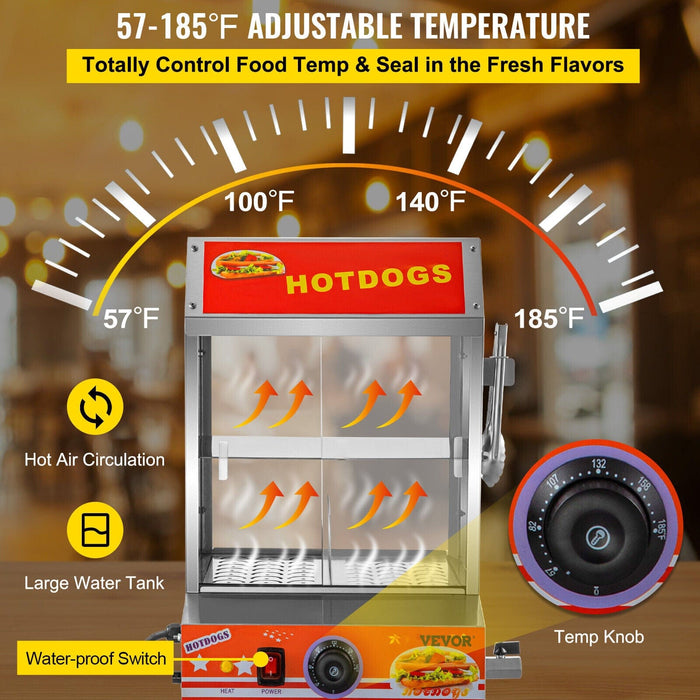 VEVOR 500W Commercial Hot Dog Steamer 2 Tier Electric Bun Warmer W/Slide Doors