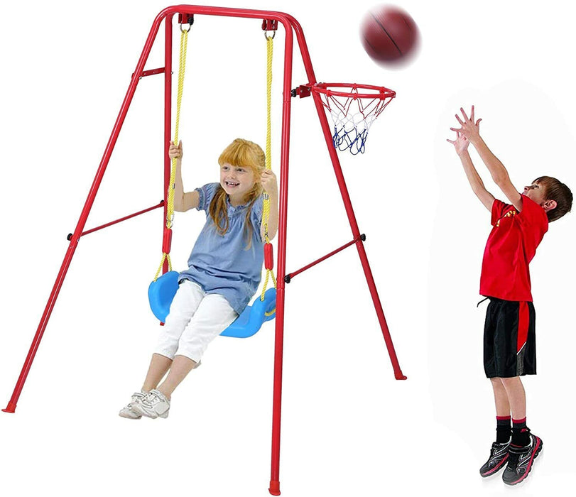 Kids Swing Seat Basketball Hoop Metal A-Frame Playset Indoor Outdoor + Ball Pump