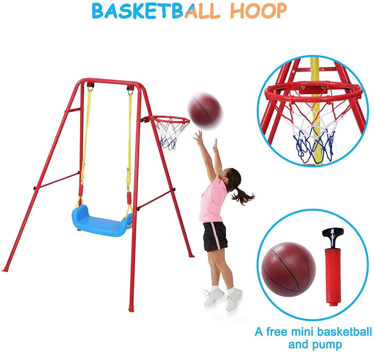 Kids Swing Seat Basketball Hoop Metal A-Frame Playset Indoor Outdoor + Ball Pump