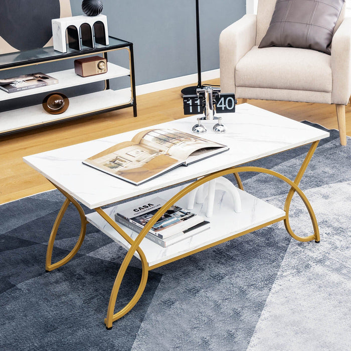 Coffee Table Modern Marble 2-Tier Coffee Table Gold Rectangle for Living Room