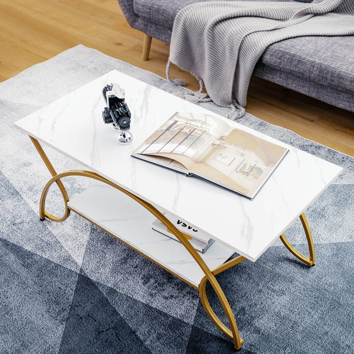 Coffee Table Modern Marble 2-Tier Coffee Table Gold Rectangle for Living Room