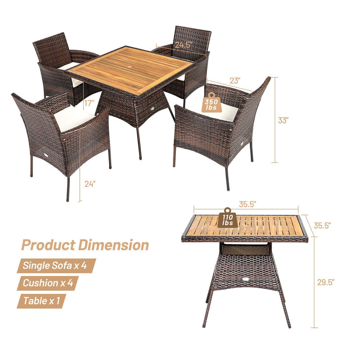 Patiojoy Patio 5PCS Rattan Dining Furniture Set Wooden Table Top Arm Chair