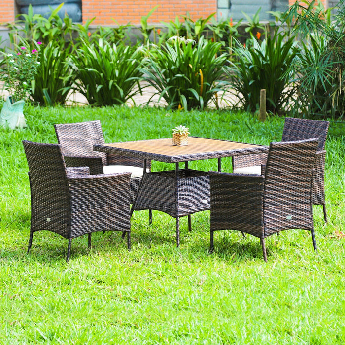 Patiojoy Patio 5PCS Rattan Dining Furniture Set Wooden Table Top Arm Chair