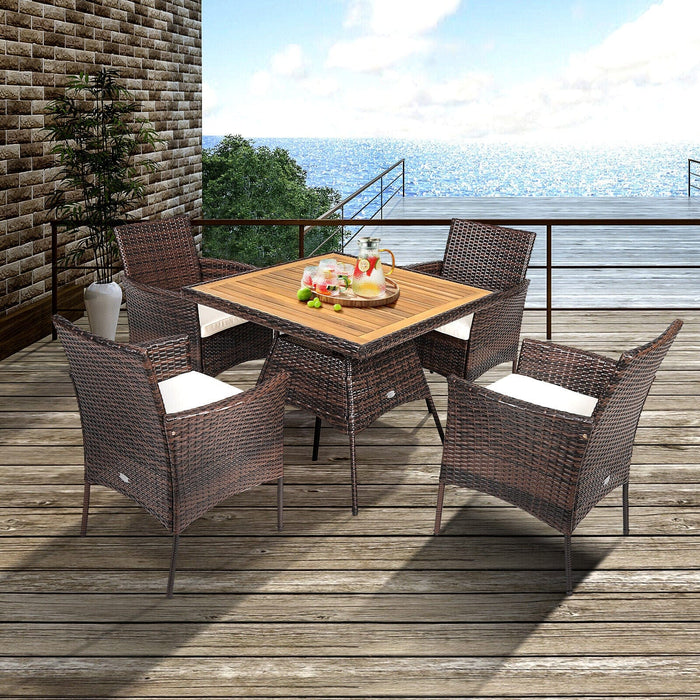 Patiojoy Patio 5PCS Rattan Dining Furniture Set Wooden Table Top Arm Chair