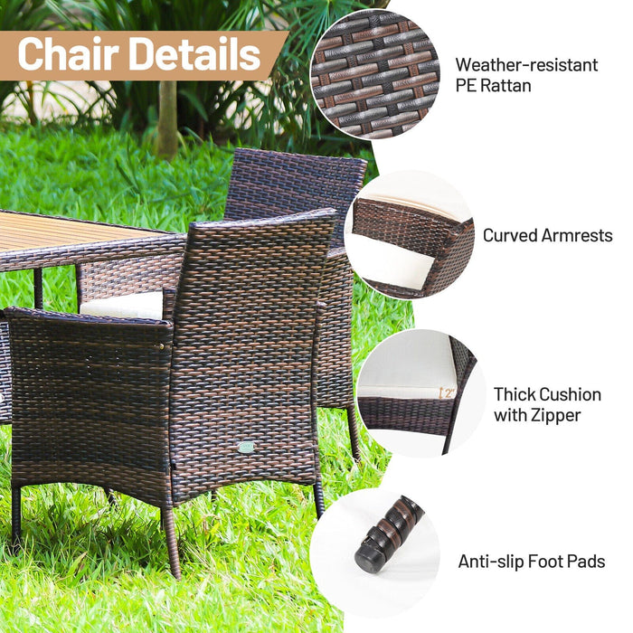 Patiojoy Patio 5PCS Rattan Dining Furniture Set Wooden Table Top Arm Chair