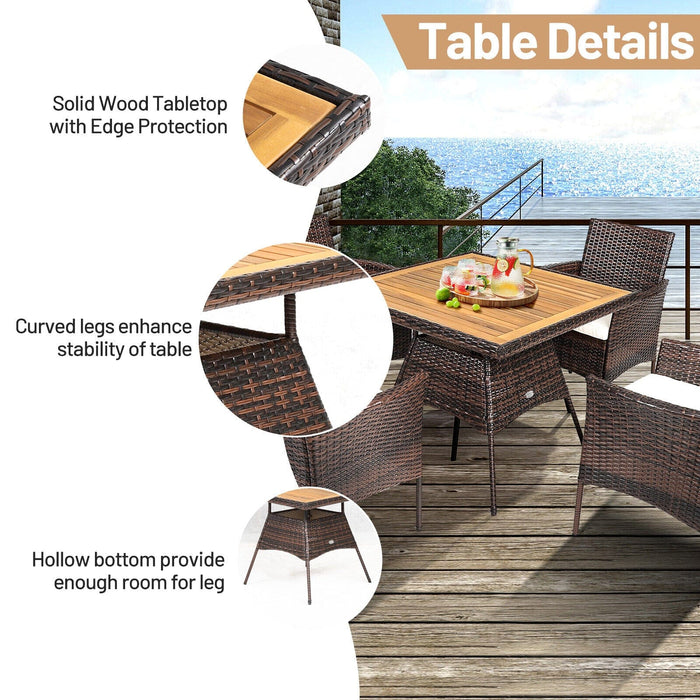 Patiojoy Patio 5PCS Rattan Dining Furniture Set Wooden Table Top Arm Chair
