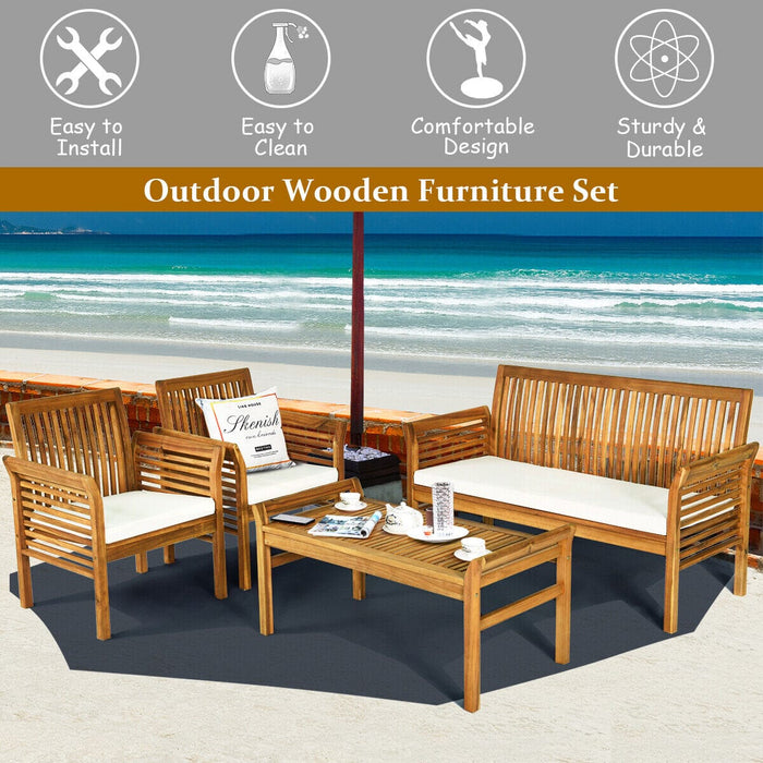 4 PCS Outdoor Acacia Wood Sofa Furniture Set Cushioned Chair Coffee Table Garden