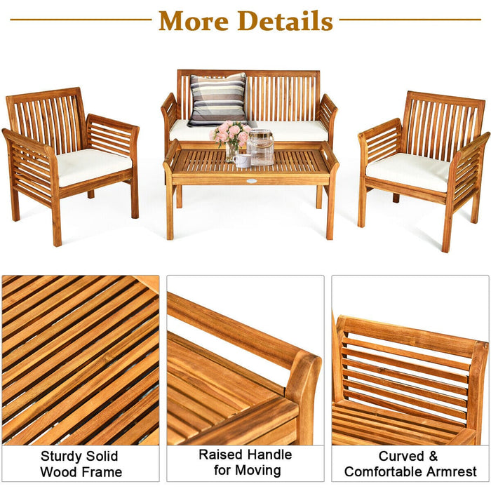 4 PCS Outdoor Acacia Wood Sofa Furniture Set Cushioned Chair Coffee Table Garden