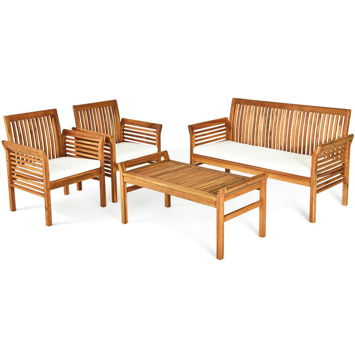 4 PCS Outdoor Acacia Wood Sofa Furniture Set Cushioned Chair Coffee Table Garden