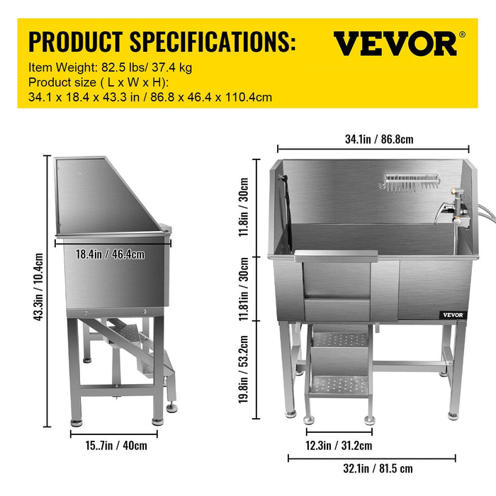 VEVOR Pet Grooming Tub Dog Wash Station 34" Stainless Steel