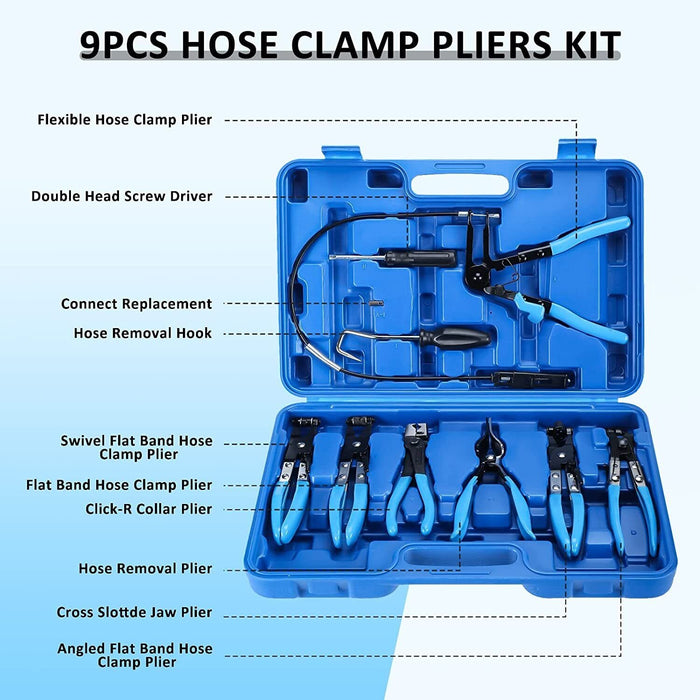 9Pcs Wire Long Reach Hose Clamp Clip Pliers Set Water Hose Auto Tools Kit