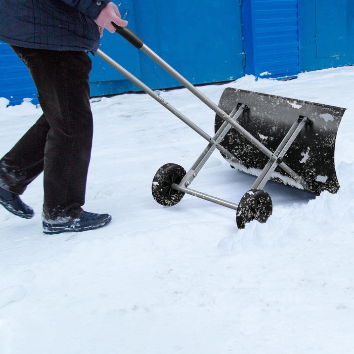 Heavy-Duty Rolling Snow Pusher with 8 in Wheels & Adjustable Handle