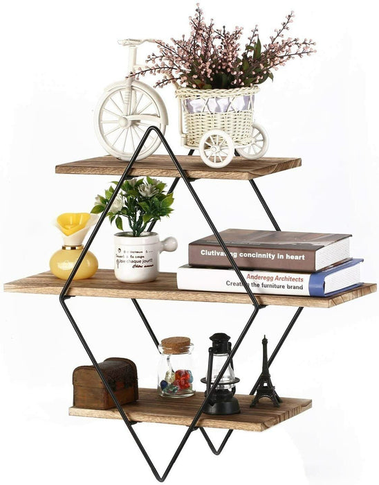 Floating Rustic Wood Geometric Wall Shelf, 3 Tier Diamond Metal Storage Shelves