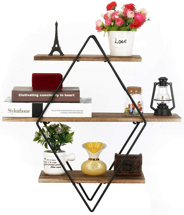 Floating Rustic Wood Geometric Wall Shelf, 3 Tier Diamond Metal Storage Shelves