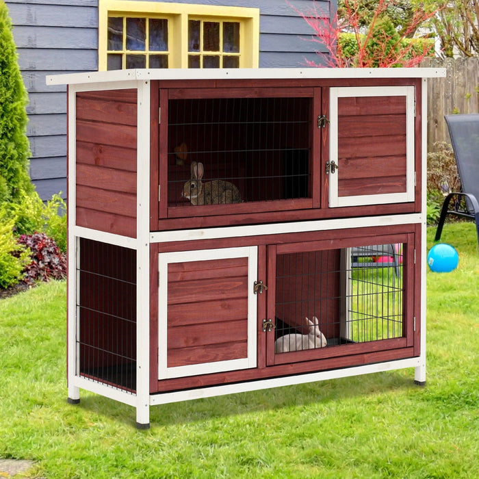 Pawhut 48" 2 Story Elevated Wooden Rabbit Hutch Yard Bunny Cage w/ Tray & Ramp