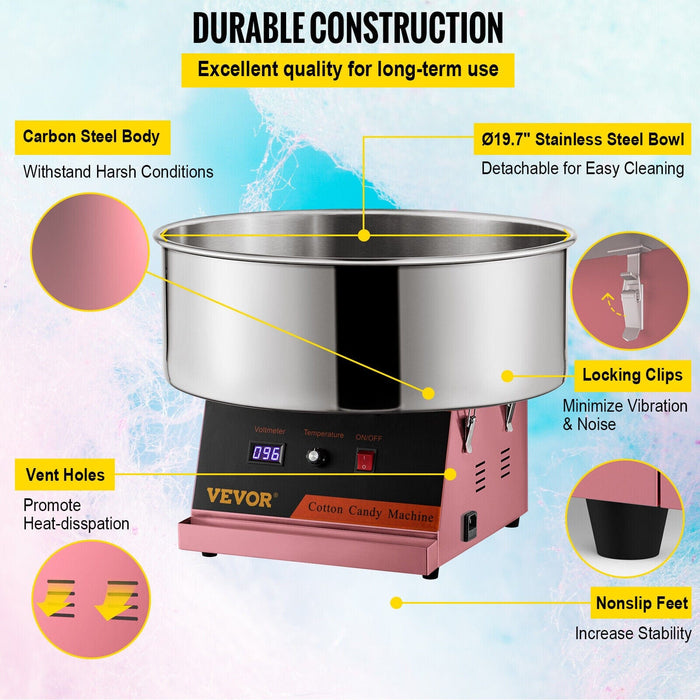 Cotton Candy Machine 1050W Electric Commercial Floss Maker 19.7'' Pink