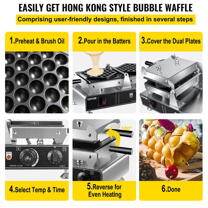 Commercial Egg Cake Maker Electric Bubble Waffle Machine Dual-Pan