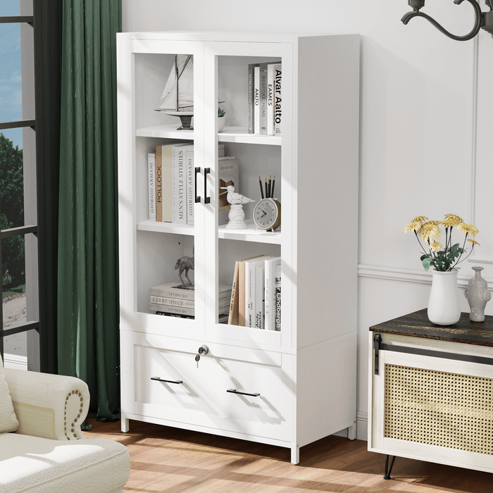 White Lateral File Cabinet With Lock and Bookcase with Glass Doors