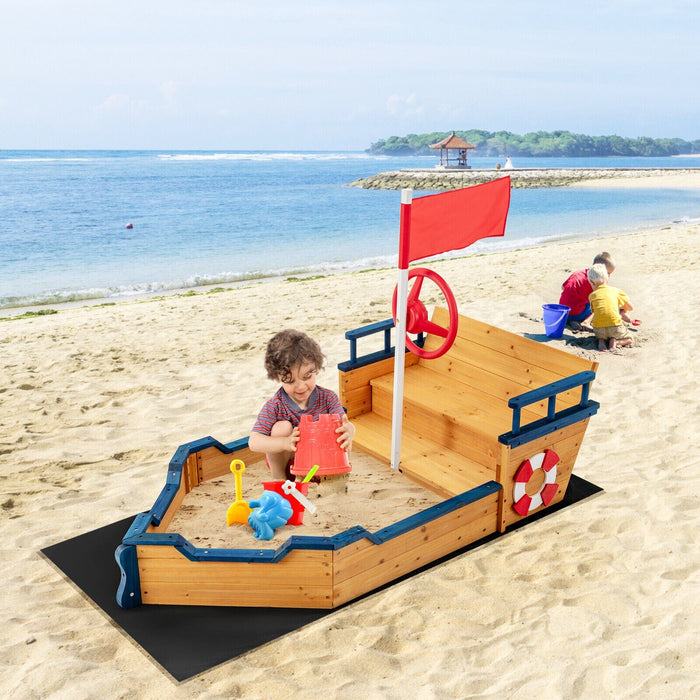 Kids Pirate Boat Wooden Sandbox Non-Woven Fabric Liner Outdoor Children Playset
