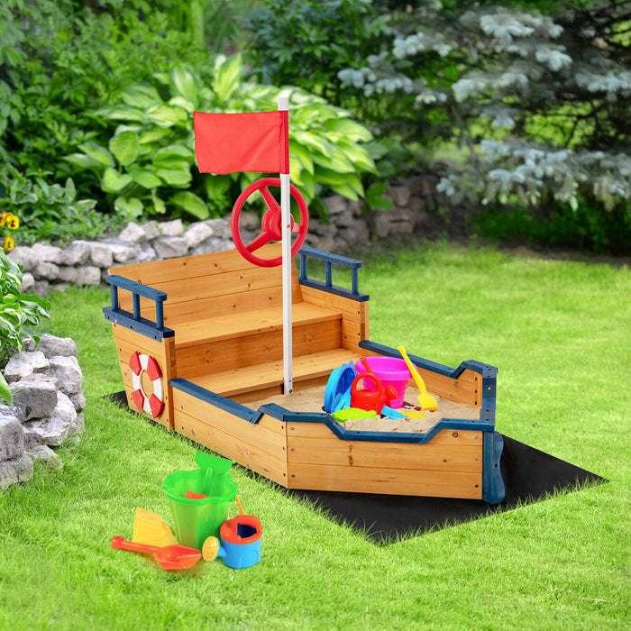 Kids Pirate Boat Wooden Sandbox Non-Woven Fabric Liner Outdoor Children Playset
