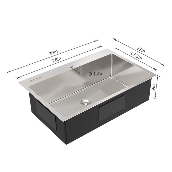 30in Top Mount Kitchen Sink Drop in 304 Stainless Steel Single Bowel with Drain