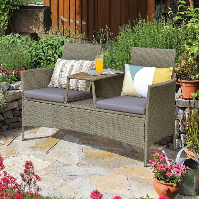 Patio Rattan Loveseat Outdoor 2-Person Conversation Set w/ Built-in Table
