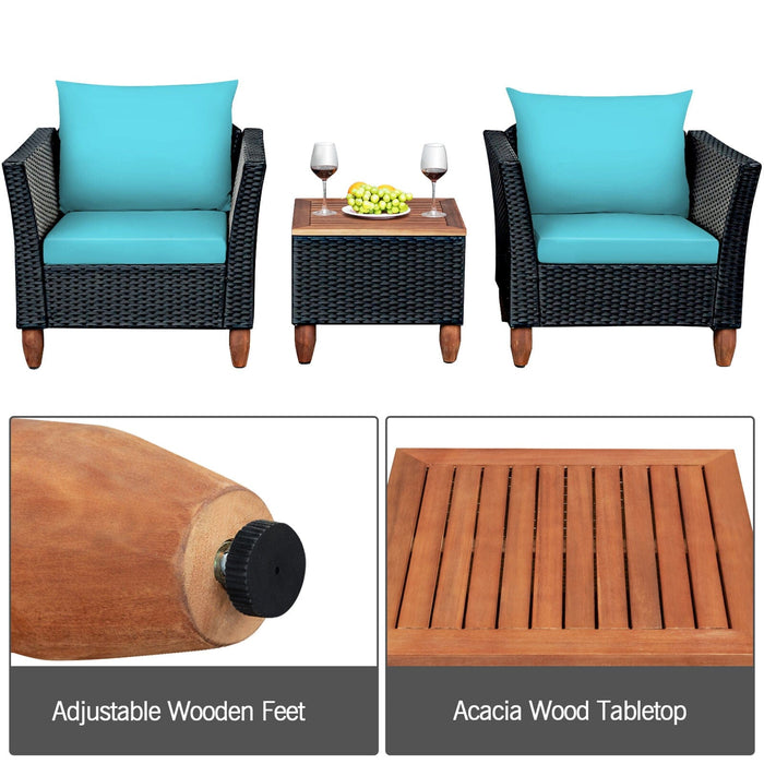 3PCS Patio Rattan Conversation Furniture Set Yard Outdoor w/ Turquoise Cushions