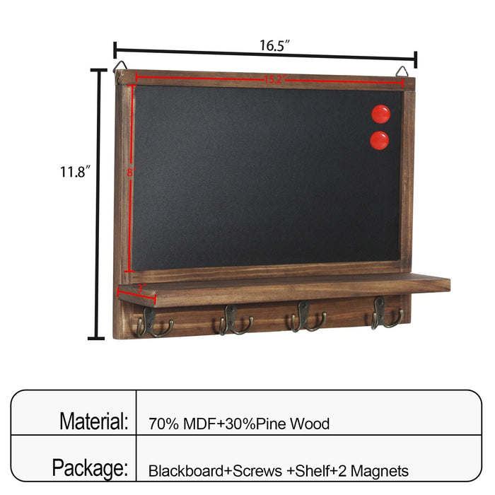 Wall Mounted Rustic Wood Chalkboard Sign with Storage Shelf ＆ 8 Key Holder Hooks