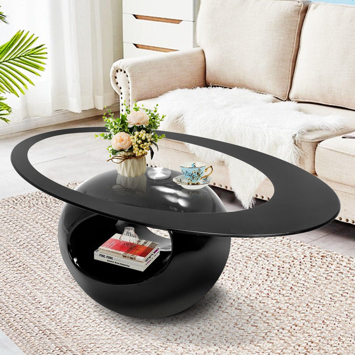 High Gloss Coffee Table Oval Glass Top & Hollow End Side Living Room Black