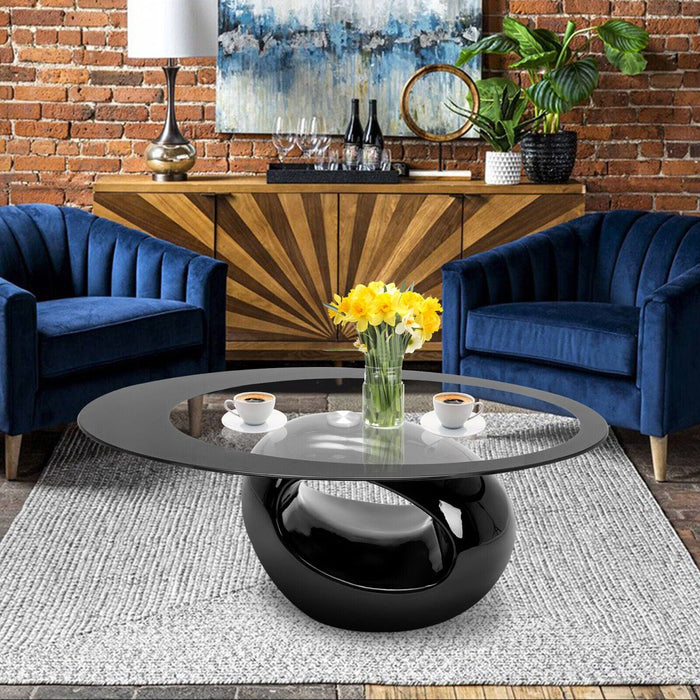 High Gloss Coffee Table Oval Glass Top & Hollow End Side Living Room Black