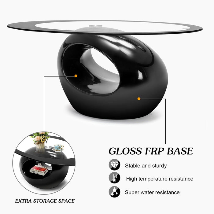 High Gloss Coffee Table Oval Glass Top & Hollow End Side Living Room Black