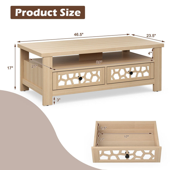 Modern Coffee Table W/2 Drawers & Open Shelf Rectangular Wood Living Room Table