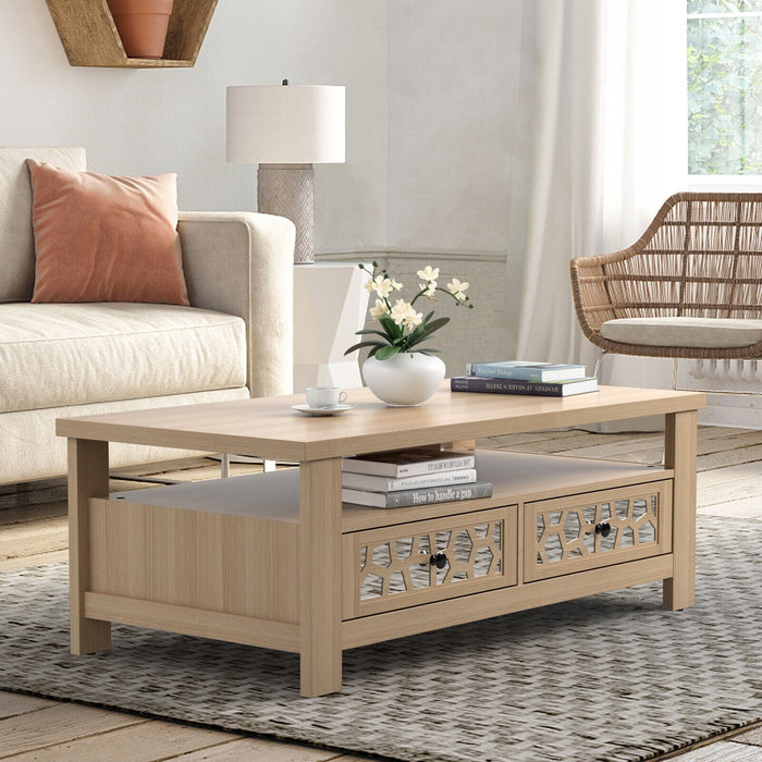 Modern Coffee Table W/2 Drawers & Open Shelf Rectangular Wood Living Room Table