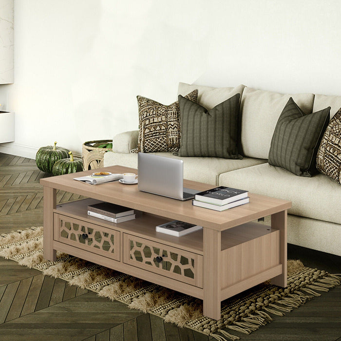 Modern Coffee Table W/2 Drawers & Open Shelf Rectangular Wood Living Room Table