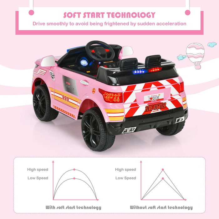 HoneyJoy 12V Kids Ride On Fire Truck RC Electric Truck w/LED Light & Siren Pink/Red