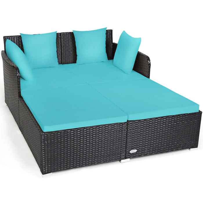 Patiojoy Outdoor Patio Rattan Daybed Pillows Cushioned Sofa Furniture Turquoise