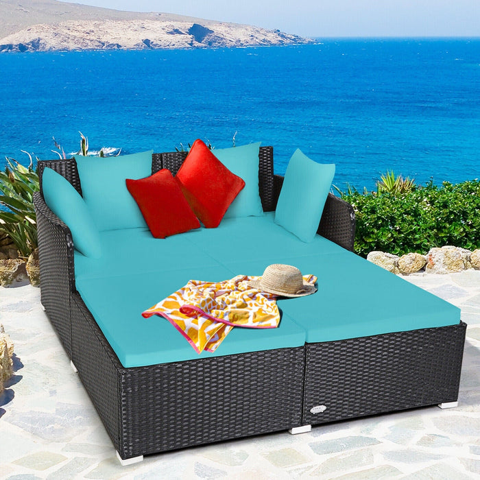 Patiojoy Outdoor Patio Rattan Daybed Pillows Cushioned Sofa Furniture Turquoise