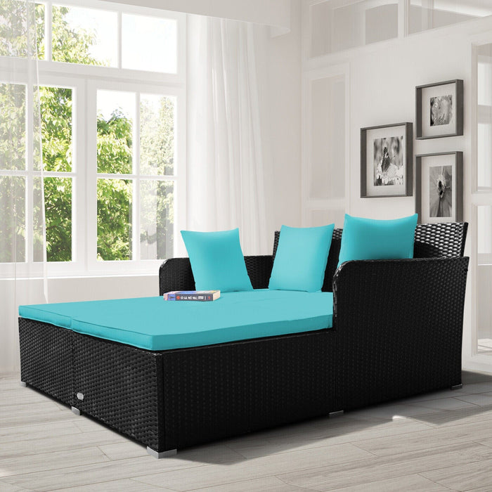 Patiojoy Outdoor Patio Rattan Daybed Pillows Cushioned Sofa Furniture Turquoise