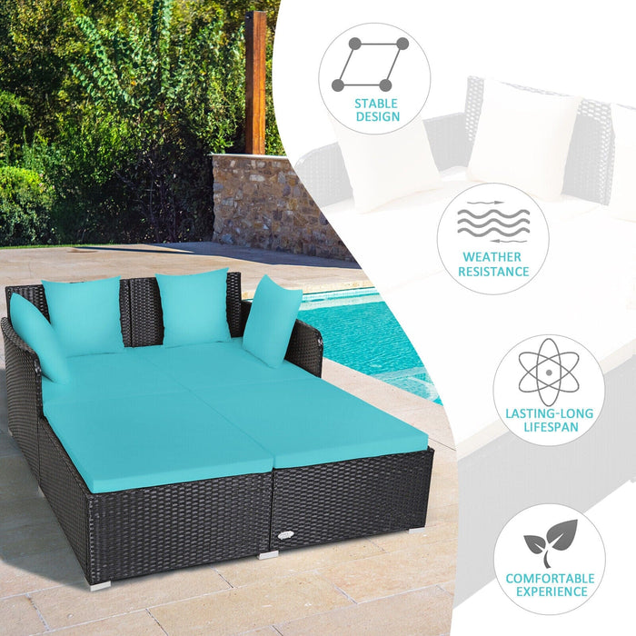 Patiojoy Outdoor Patio Rattan Daybed Pillows Cushioned Sofa Furniture Turquoise