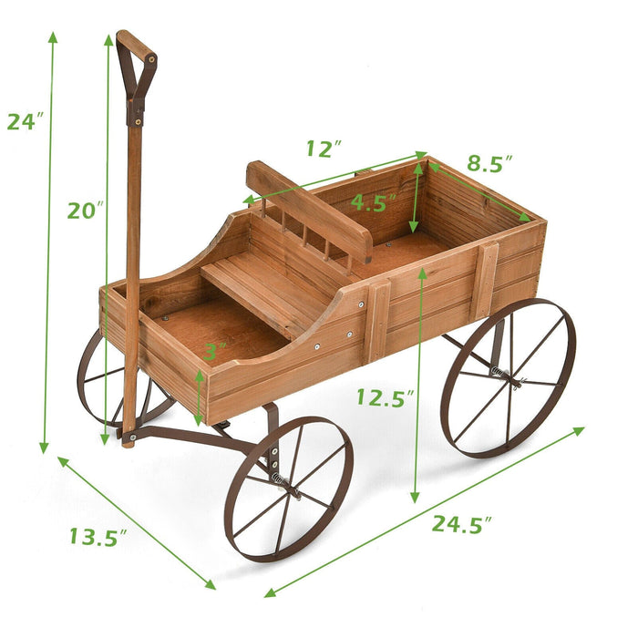 Patiojoy Wooden Garden Flower Planter Wagon Plant Bed W/ Wheel Garden Yard Brown