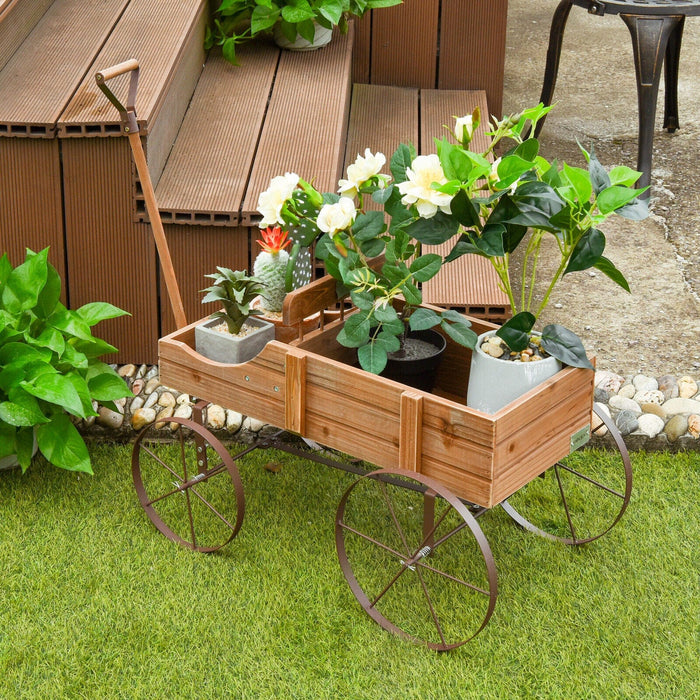 Patiojoy Wooden Garden Flower Planter Wagon Plant Bed W/ Wheel Garden Yard Brown