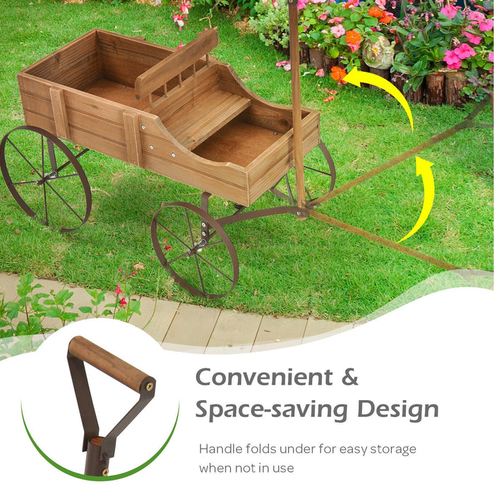 Patiojoy Wooden Garden Flower Planter Wagon Plant Bed W/ Wheel Garden Yard Brown