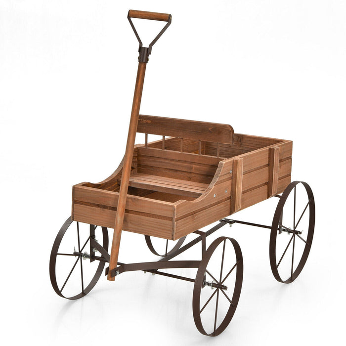 Patiojoy Wooden Garden Flower Planter Wagon Plant Bed W/ Wheel Garden Yard Brown